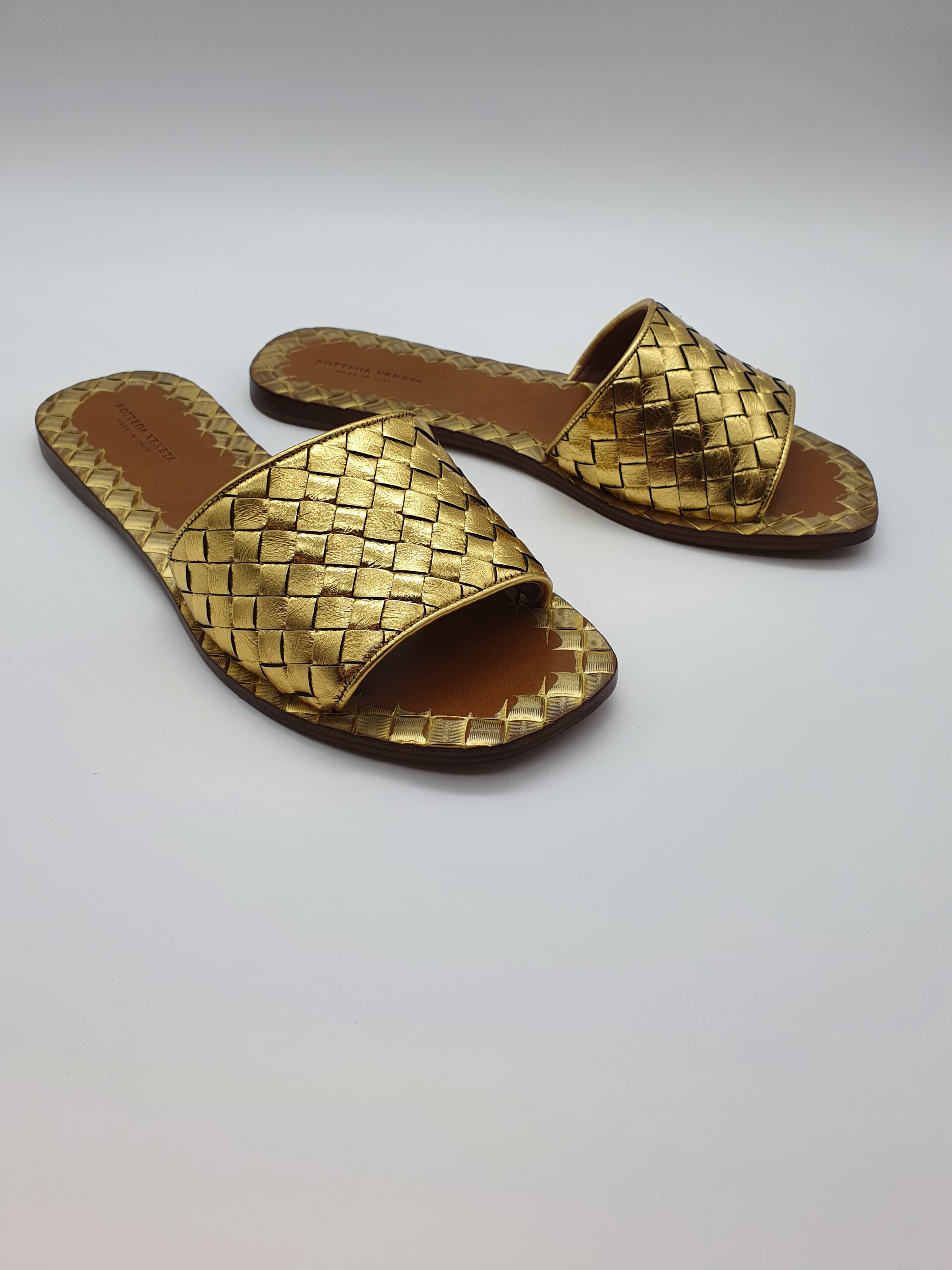 Bottega Veneta Light Gold RAVELLO WOVEN NAPPA SLIDES BRANDS 2U